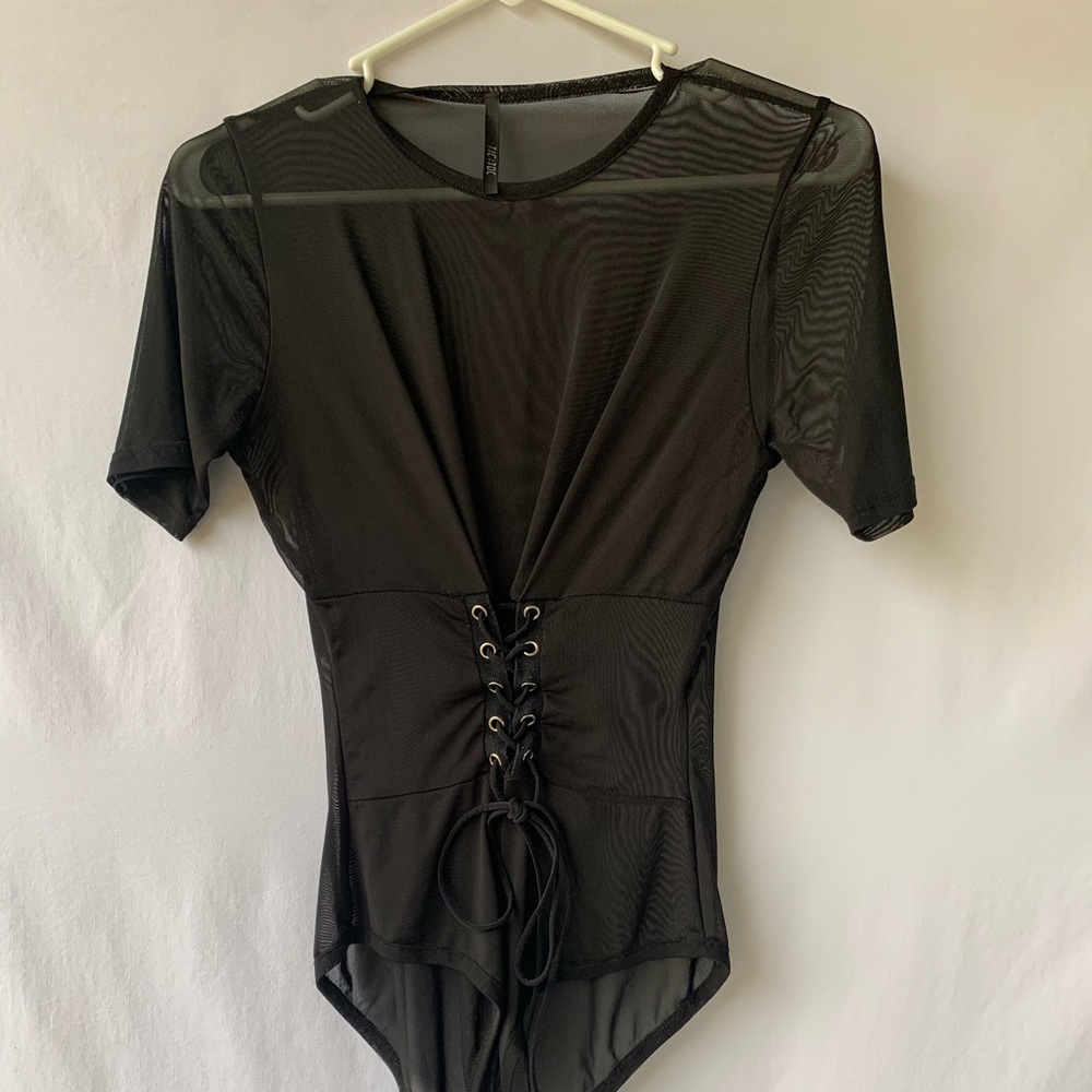 Shear short sleeve “corset” style bodysuit